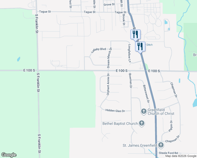 map of restaurants, bars, coffee shops, grocery stores, and more near 1118 Bumblebee Way in Greenfield