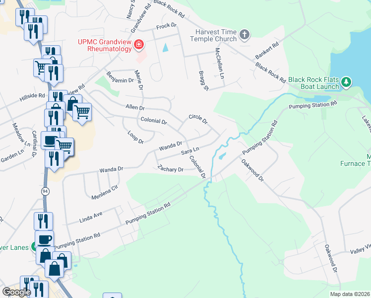 map of restaurants, bars, coffee shops, grocery stores, and more near 80 Sara Lane in Hanover