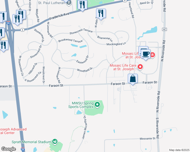 map of restaurants, bars, coffee shops, grocery stores, and more near 406 Rockwood Court in Saint Joseph