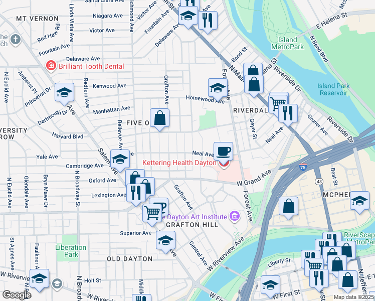 map of restaurants, bars, coffee shops, grocery stores, and more near 102 Rockwood Avenue in Dayton