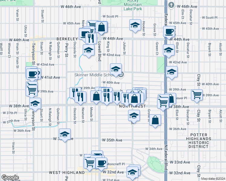 map of restaurants, bars, coffee shops, grocery stores, and more near 3914 King Street in Denver