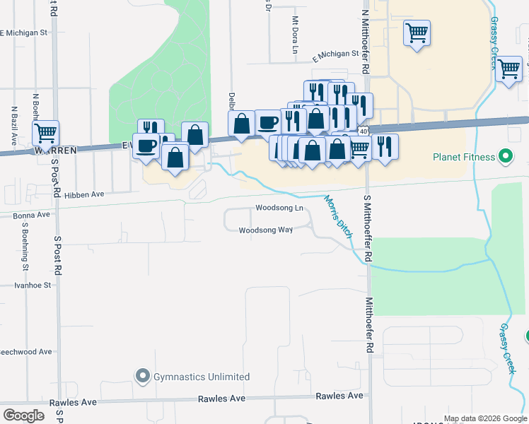 map of restaurants, bars, coffee shops, grocery stores, and more near 9651 Woodsong Lane in Indianapolis