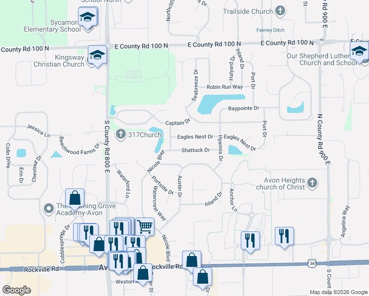 map of restaurants, bars, coffee shops, grocery stores, and more near 8310 Shattuck Drive in Avon
