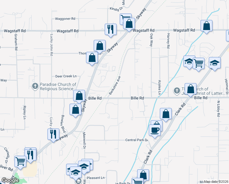 map of restaurants, bars, coffee shops, grocery stores, and more near 6226 Berkshire Avenue in Paradise