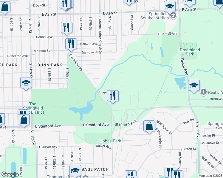 map of restaurants, bars, coffee shops, grocery stores, and more near 11 Park Ridge Road in Springfield