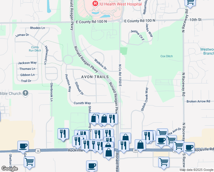 map of restaurants, bars, coffee shops, grocery stores, and more near 10384 Buell Court in Avon