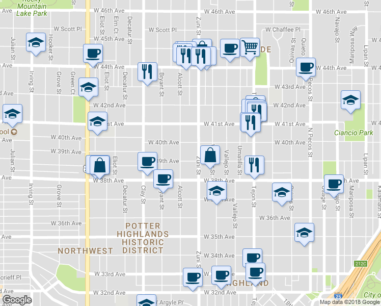 map of restaurants, bars, coffee shops, grocery stores, and more near 3937 Zuni Street in Denver