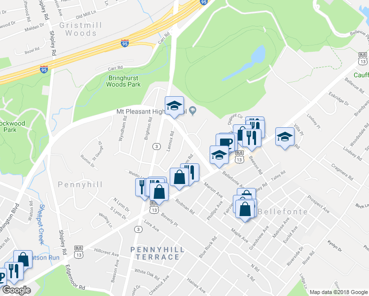 map of restaurants, bars, coffee shops, grocery stores, and more near 8 Windsor Road in Wilmington