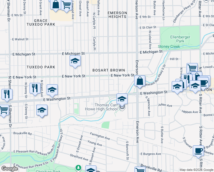 map of restaurants, bars, coffee shops, grocery stores, and more near 36 Dequincy Street in Indianapolis