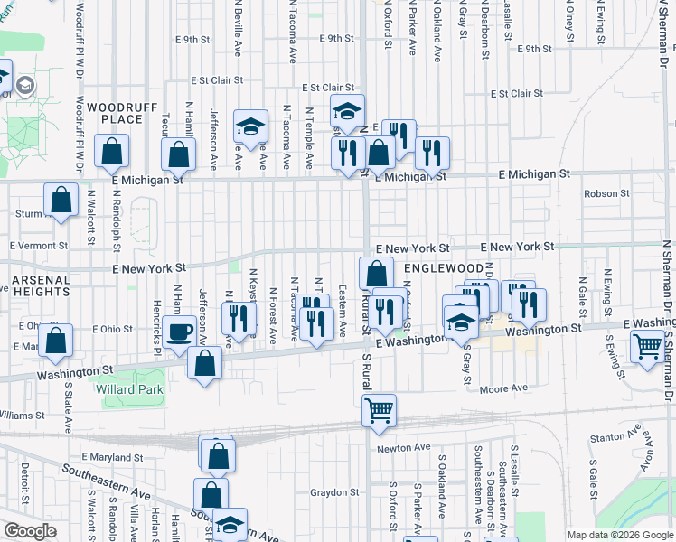 map of restaurants, bars, coffee shops, grocery stores, and more near 236 Eastern Avenue in Indianapolis