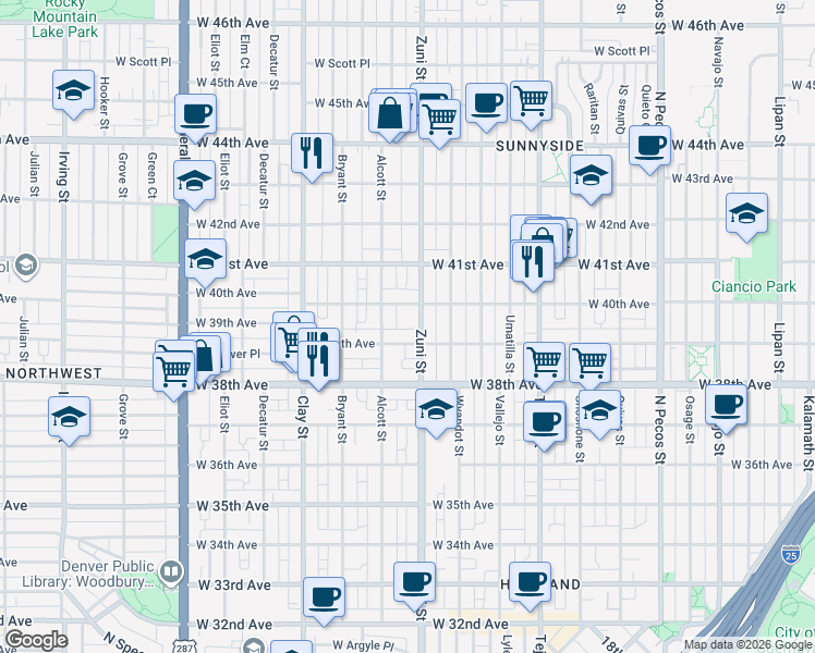 map of restaurants, bars, coffee shops, grocery stores, and more near 3937 Zuni Street in Denver