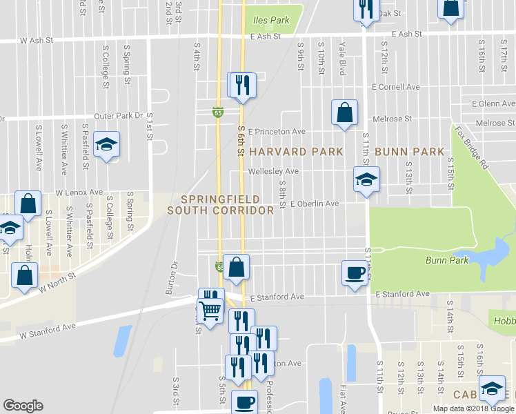 map of restaurants, bars, coffee shops, grocery stores, and more near 2501 South 7th Street in Springfield