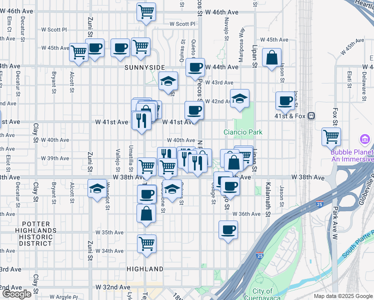 map of restaurants, bars, coffee shops, grocery stores, and more near 3922 Quivas Street in Denver