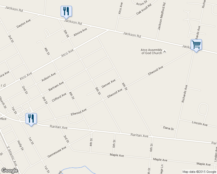 map of restaurants, bars, coffee shops, grocery stores, and more near 2324 Denver Avenue in Atco