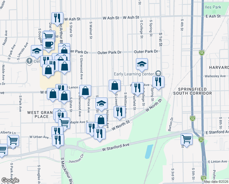 map of restaurants, bars, coffee shops, grocery stores, and more near 2621 South Lowell Avenue in Springfield