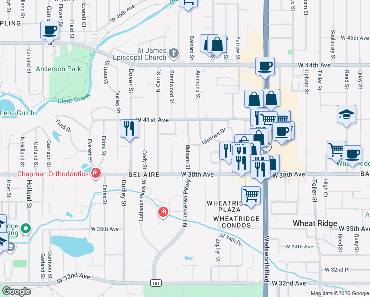 map of restaurants, bars, coffee shops, grocery stores, and more near 3885 Balsam Street in Wheat Ridge