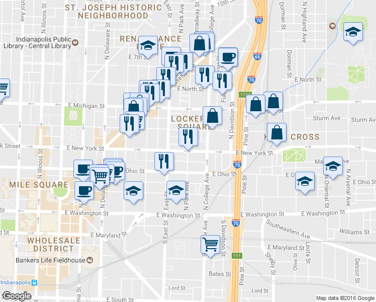 map of restaurants, bars, coffee shops, grocery stores, and more near E New York St & N Park Ave in Indianapolis