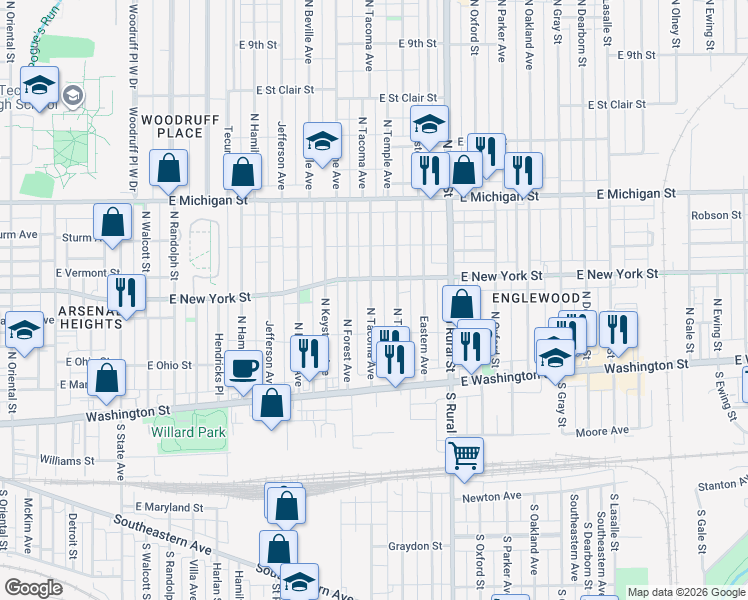 map of restaurants, bars, coffee shops, grocery stores, and more near 237 North Tacoma Avenue in Indianapolis