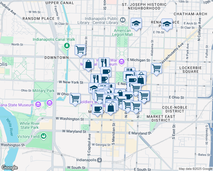 map of restaurants, bars, coffee shops, grocery stores, and more near 251 North Illinois Street in Indianapolis