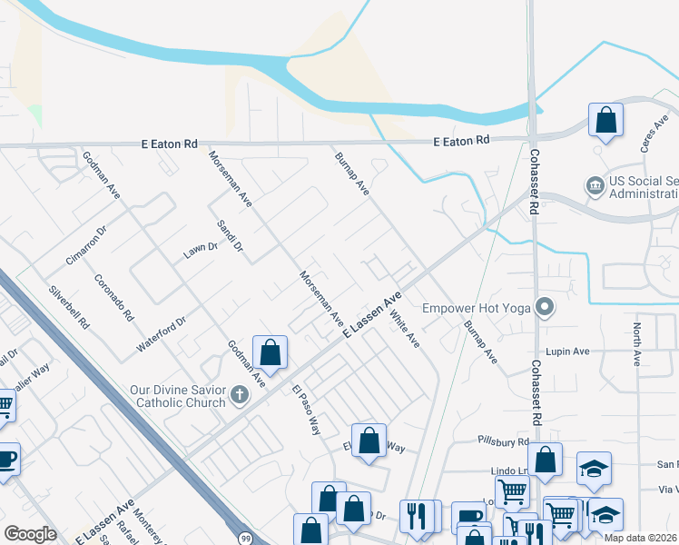 map of restaurants, bars, coffee shops, grocery stores, and more near 2907 Jolyn Way in Chico