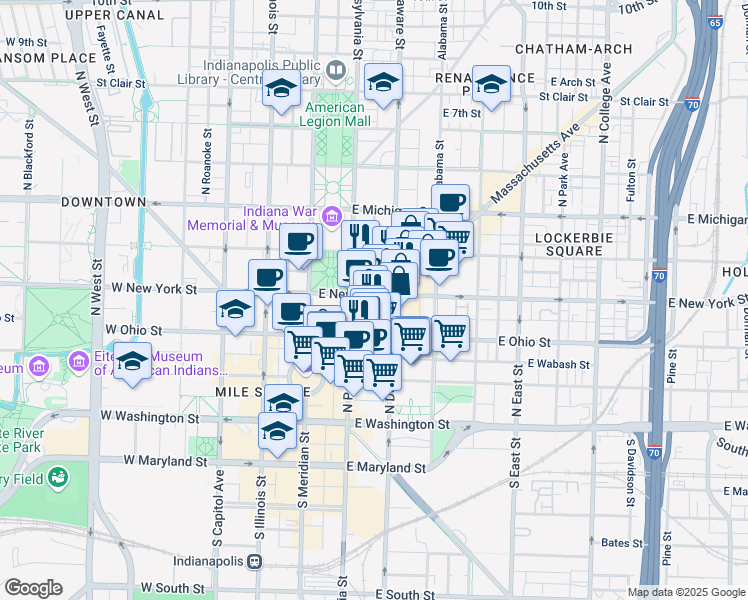 map of restaurants, bars, coffee shops, grocery stores, and more near in Indianapolis