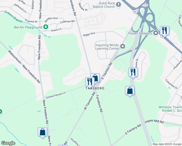 map of restaurants, bars, coffee shops, grocery stores, and more near Tansboro Road & Greenfield Drive in Berlin