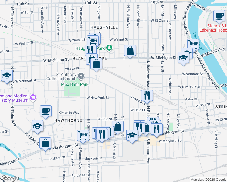 map of restaurants, bars, coffee shops, grocery stores, and more near 326 N Mount Street in Indianapolis