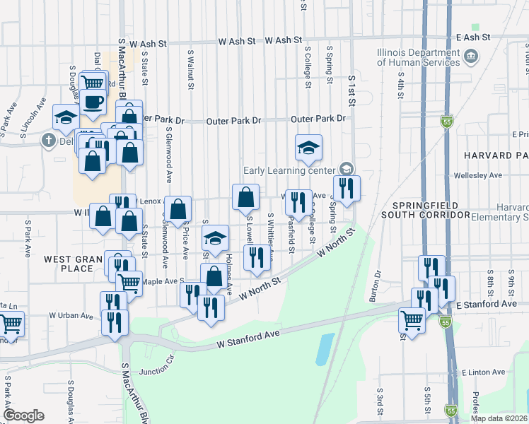 map of restaurants, bars, coffee shops, grocery stores, and more near 2639 South Whittier Avenue in Springfield