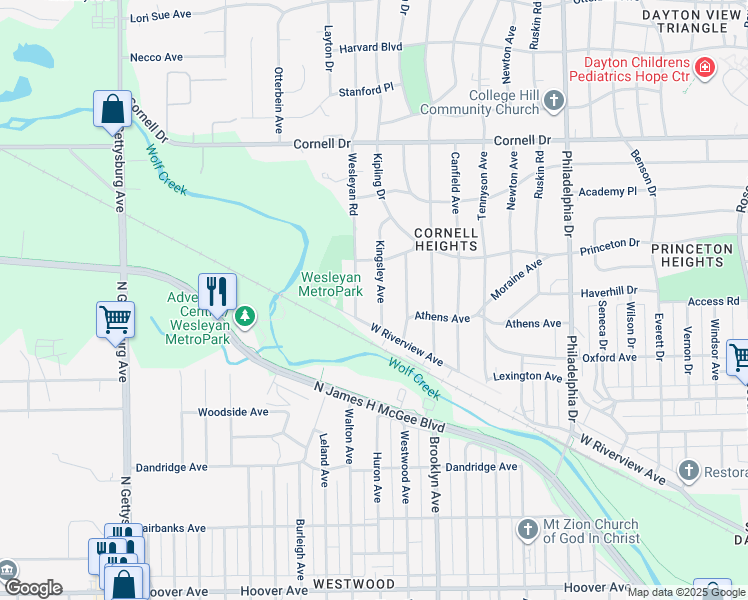 map of restaurants, bars, coffee shops, grocery stores, and more near 1335 Kingsley Avenue in Dayton
