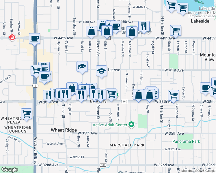 map of restaurants, bars, coffee shops, grocery stores, and more near 3950 Otis Street in Wheat Ridge