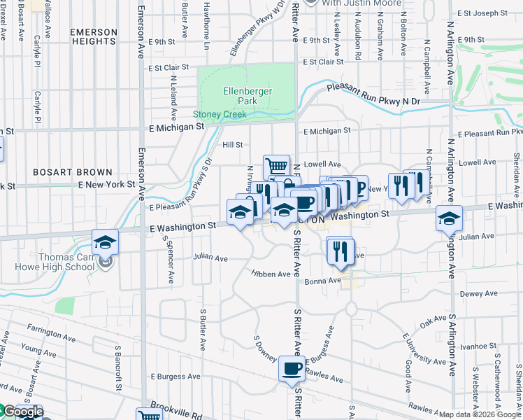 map of restaurants, bars, coffee shops, grocery stores, and more near 17 North Irvington Avenue in Indianapolis