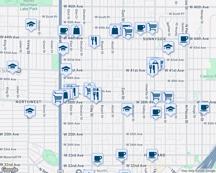 map of restaurants, bars, coffee shops, grocery stores, and more near 3900 Bryant Street in Denver