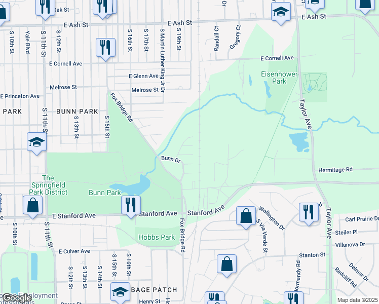 map of restaurants, bars, coffee shops, grocery stores, and more near 13 Ridge Court in Springfield