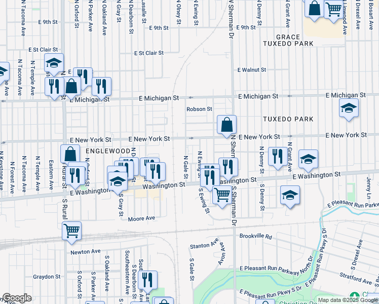 map of restaurants, bars, coffee shops, grocery stores, and more near 61 North Gale Street in Indianapolis