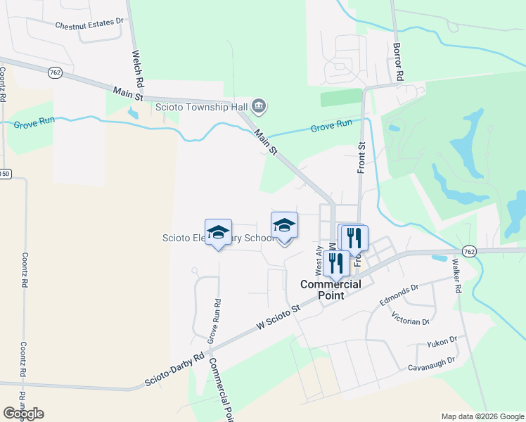 map of restaurants, bars, coffee shops, grocery stores, and more near 34 Carmel Court in Commercial Point