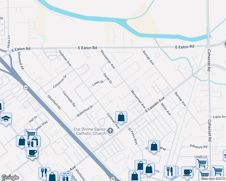 map of restaurants, bars, coffee shops, grocery stores, and more near 2979 Sandi Drive in Chico