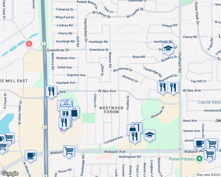 map of restaurants, bars, coffee shops, grocery stores, and more near 2207 West Iles Avenue in Springfield