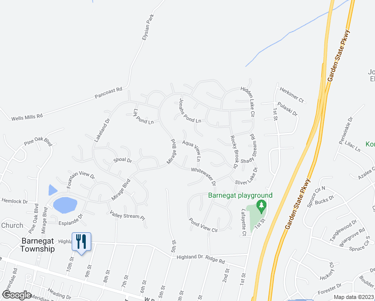 map of restaurants, bars, coffee shops, grocery stores, and more near 15 Millcreek Terrace in Barnegat Township