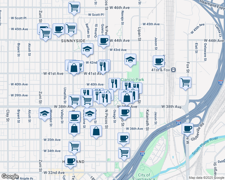 map of restaurants, bars, coffee shops, grocery stores, and more near 3922 North Pecos Street in Denver