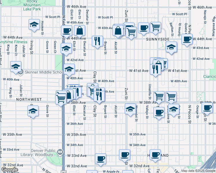 map of restaurants, bars, coffee shops, grocery stores, and more near in Denver