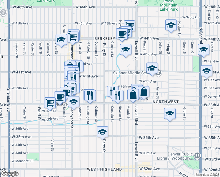 map of restaurants, bars, coffee shops, grocery stores, and more near 3880 Perry Street in Denver