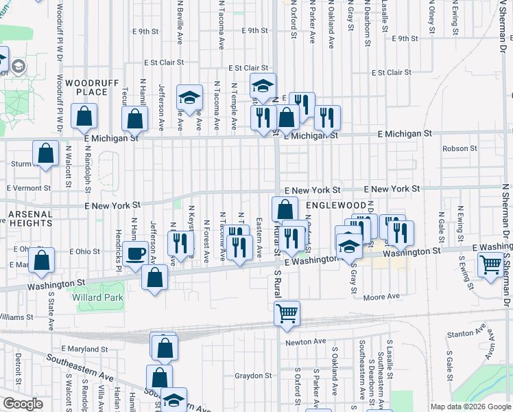 map of restaurants, bars, coffee shops, grocery stores, and more near 236 Eastern Avenue in Indianapolis