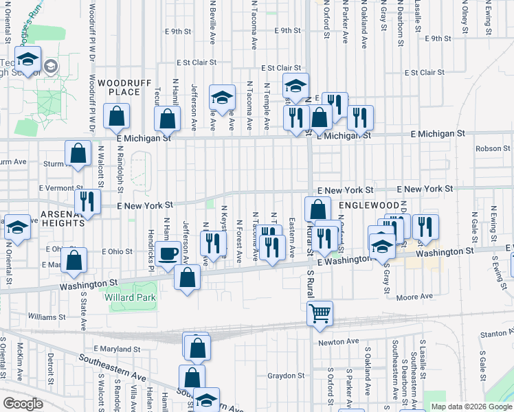 map of restaurants, bars, coffee shops, grocery stores, and more near 237 North Tacoma Avenue in Indianapolis