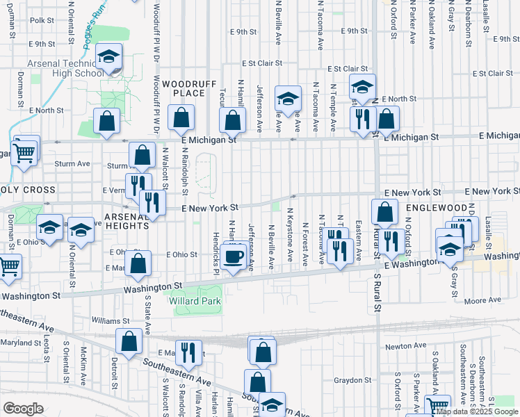 map of restaurants, bars, coffee shops, grocery stores, and more near 245 Jefferson Avenue in Indianapolis