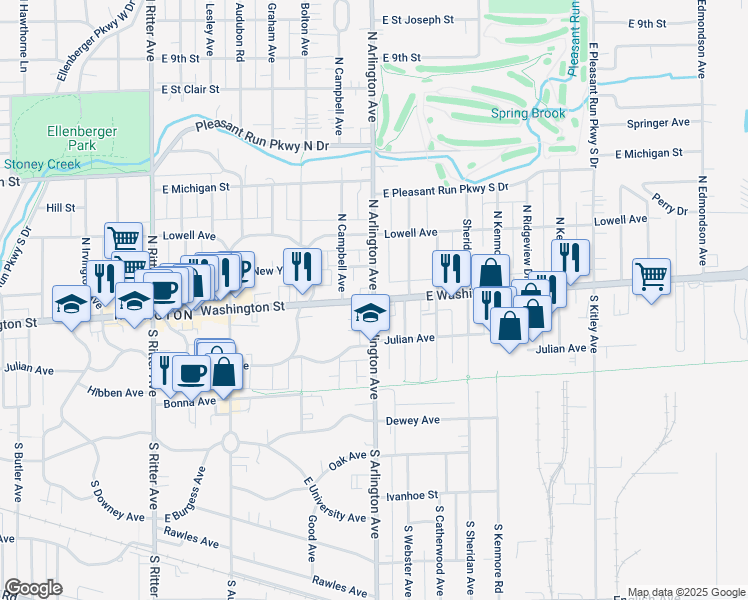 map of restaurants, bars, coffee shops, grocery stores, and more near E Washington St & S Arlington Ave in Indianapolis
