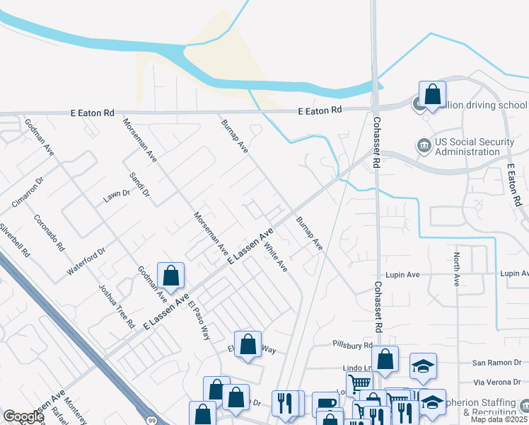 map of restaurants, bars, coffee shops, grocery stores, and more near 950 East Lassen Avenue in Chico