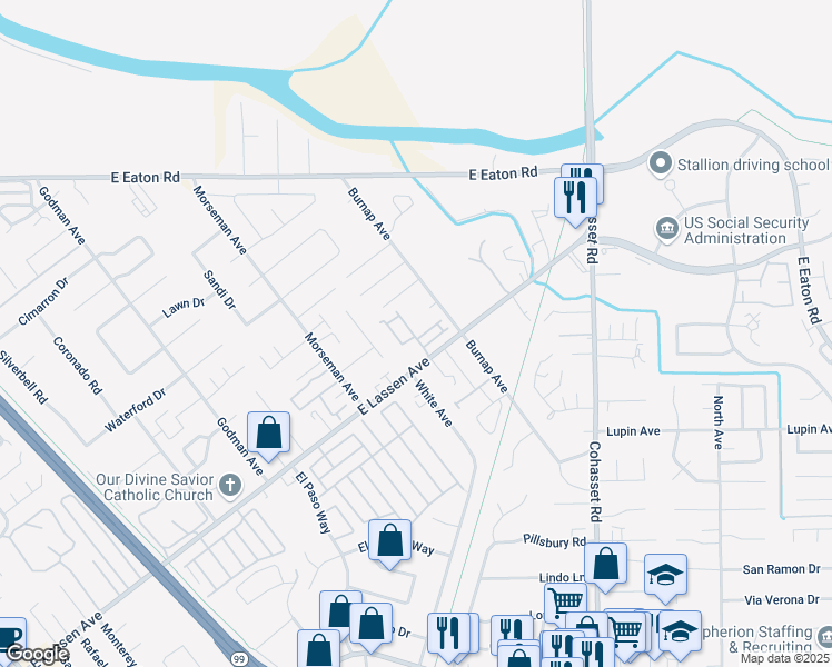 map of restaurants, bars, coffee shops, grocery stores, and more near 950 East Lassen Avenue in Chico