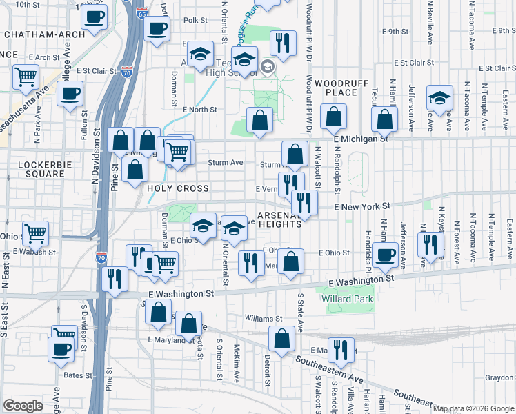 map of restaurants, bars, coffee shops, grocery stores, and more near 323 North Arsenal Avenue in Indianapolis