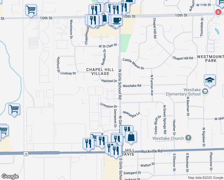 map of restaurants, bars, coffee shops, grocery stores, and more near 7334 Chapel Villas Dr in Indianapolis