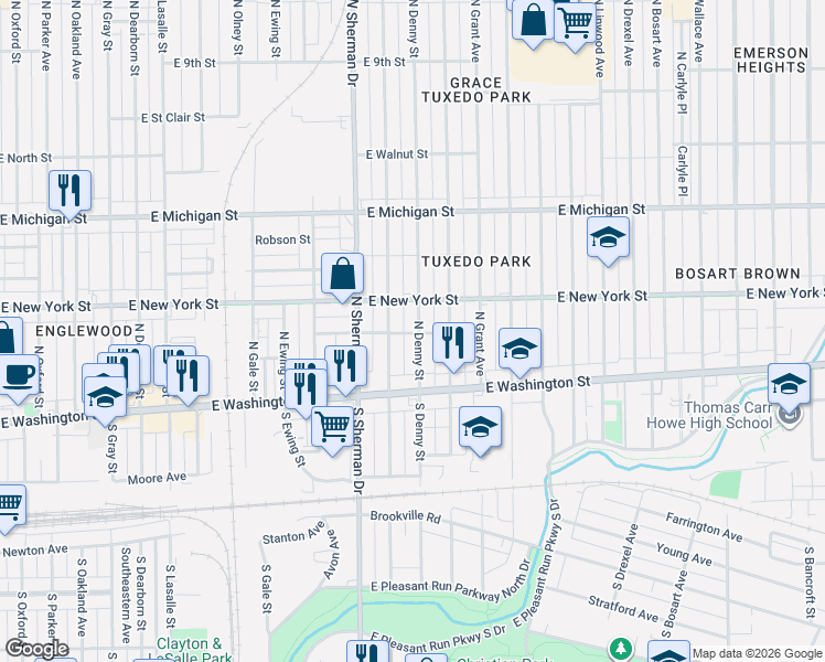 map of restaurants, bars, coffee shops, grocery stores, and more near 56 North Denny Street in Indianapolis